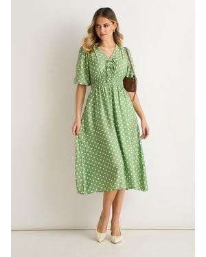 Gini London Sage Spot Print Shirred Waist Shift Midi Dress - Green