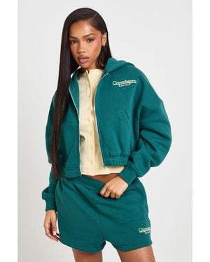 Boohoo Copenhagen Embroidered Cropped Hooded Short Tracksuit - Green