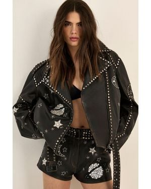 Nasty Gal Real Leather Cosmic Embellished Jacket - Black