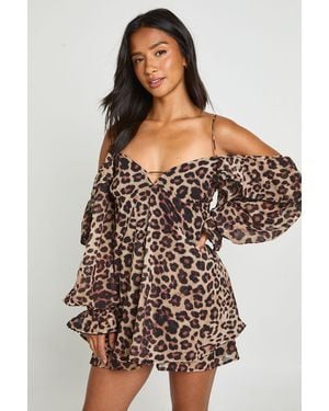 Boohoo Petite Chiffon Cold Shoulder Ruffle Playsuit - Multicolour