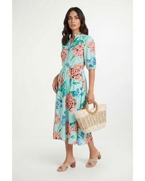 Wallis Floral Puff Sleeve Pintuck Midi Dress - Blue