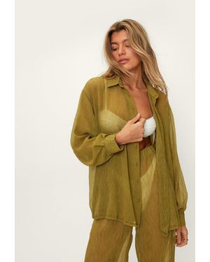 Nasty Gal Plisse Oversized Beach Shirt - Green
