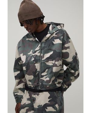 BoohooMAN Oversized Crop Camo Twill Hooded Overshirt - Grey