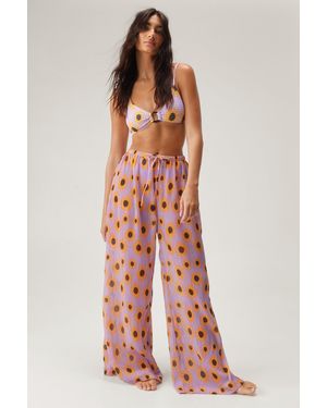 Nasty Gal Plisse Sunflower Wide Leg Beach Trousers - White