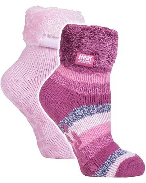 Heat Holders 2 Pack Ladies Soft Lounge Socks With Grips - Purple