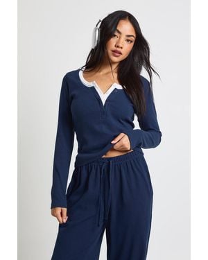 Boohoo Ribbed Contrast Henley Button Long Sleeve Top - Blue