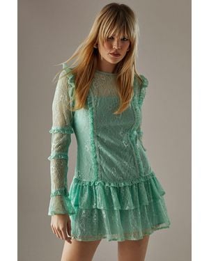 Warehouse Lace Ruffle Insert Mini Dress - Green