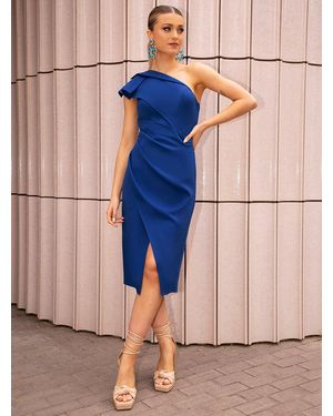 Chi Chi London One-Shoulder Wrap Detail Midi Dress - Blue