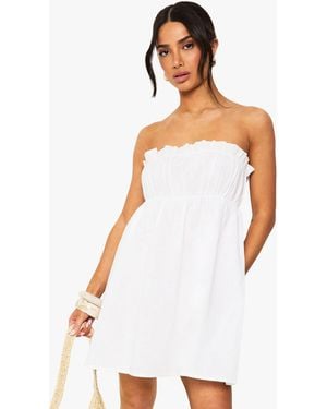 Boohoo Petite Linen Shirred Bandeau Mini Dress - White