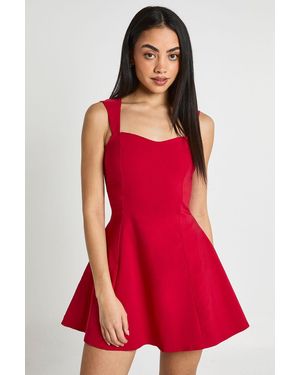 Boohoo Bengaline Sweetheart Neck Cap Sleeve Skater Dress - Red