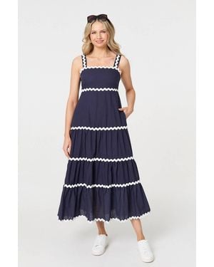Izabel London Zig Zag Trim Sleeveless Tiered Midi Dress - Blue