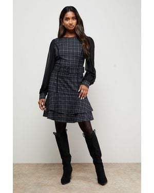 Oasis Checked Belted Balloon Sleeve Flippy Mini Dress - Blue