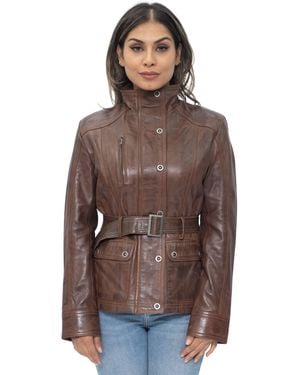 Infinity Leather Military Style Biker Jacket-Phoenix - Brown