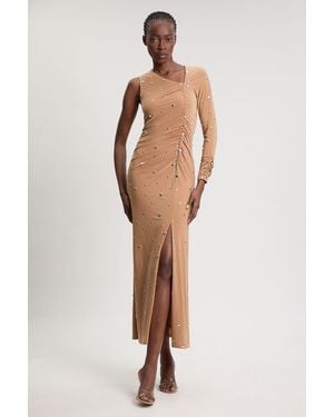 Karen Millen Premium Slinky Crepe Embellished Cut Out Maxi Dress - Natural