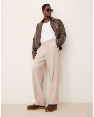 ASOS Smart Wide Leg Wool Blend Herringbone Trousers - Natural