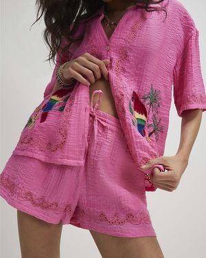 River Island Shorts Neon Embroidered Cutwork Elasticated Viscose - Pink