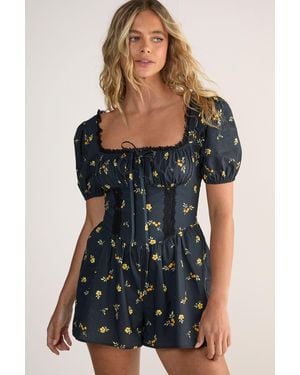 Nasty Gal Cotton Ditsy Lace Trim Corset Puff Sleeve Romper - Black