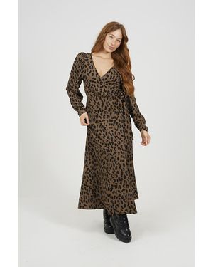 Brave Soul Leopard Print Long Sleeve Maxi Wrap Dress - Brown