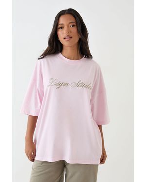 DSGN Studio Script Embroidered Oversized T-Shirt - Pink