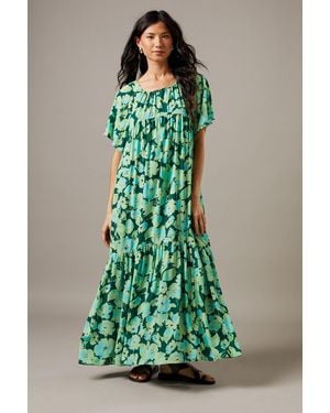 Warehouse Chiffon Tier Smock Midi Dress - Green