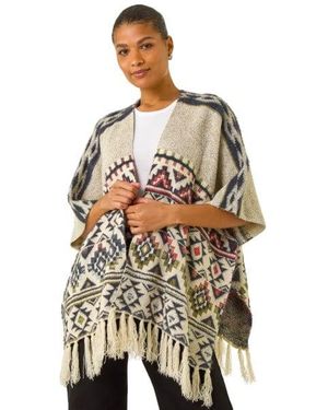 Roman Jacquard Tassel Trim Poncho - Grey