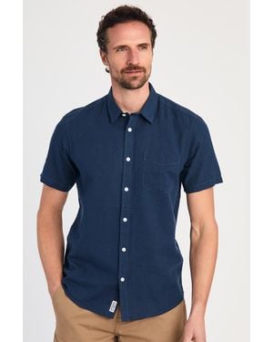 Tokyo Laundry Linen Blend Short Sleeve Button-Up Shirt With Chest Pocket - Blue