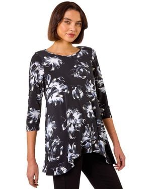 Roman Floral Print Textured Top - Black