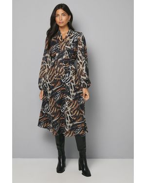 Wallis Abstract Animal Pussybow Tie Neck Midi Dress - Grey