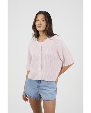 Brave Soul Short Sleeve Crew Neck Fisherman Knit Cardigan - Pink