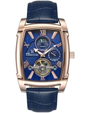 Heritor Valentin Leather-Band Watch W/Date - Blue