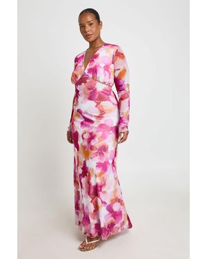Boohoo Plus Floral Mesh V Neck Maxi Dress - Pink