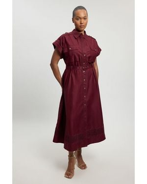 Karen Millen Plus Size Cotton Sateen With Lace Trim Pocket Detail Shirt Dress - Red