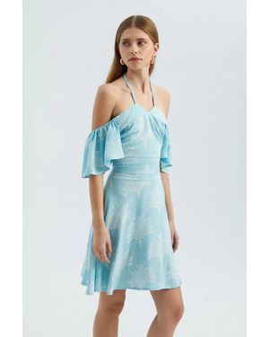 Hiccup Floral Off Shoulder Halter Mini Dress - Blue