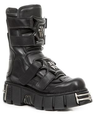 New Rock Punk Mid Calf Leather Boots-M-422-S1 - Black