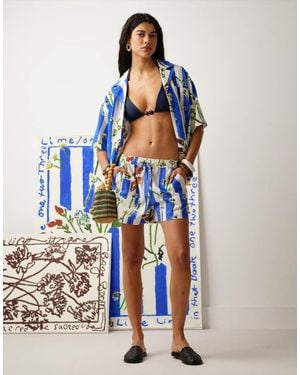 TOPSHOP Co Ord Bradley.B High Rise Linen Floral Stripe Short - Blue