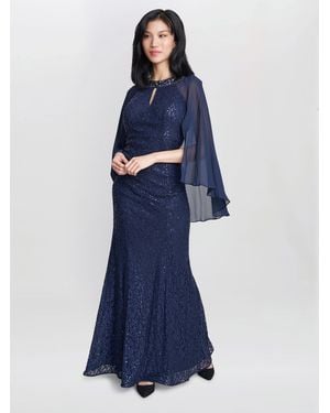 Gina Bacconi Florence Keyhole Neck Chiffon Sequin Lace Fit And Flare Maxi Dress - Blue