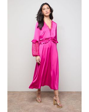 Oasis Lace Sleeve Frill Waist V Neck Midi Dress - Pink