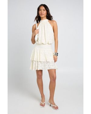 Boohoo Burnout Floral High Neck Skater Dress - White
