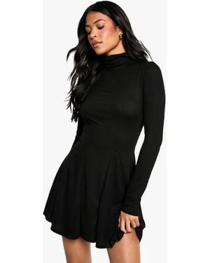 Boohoo Tall Roll Neck Godet Hem Rib Skater Dress - Black