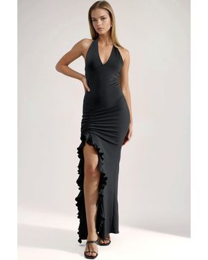 Hiccup Slit Detailed Halter Collar Bodycon Maxi Dress - Black
