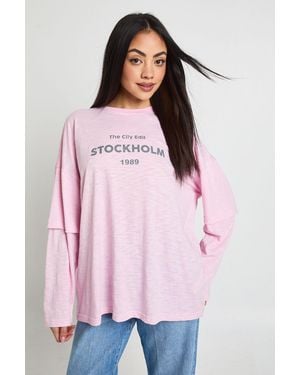 Boohoo Stockholm Printed Double Long Sleeve T-Shirt - Pink