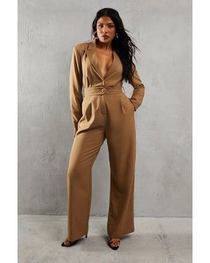 MissPap Tailored Collared Belted Long Sleeve Straight Leg Jumpsuit - Natural