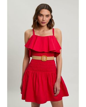 Karen Millen Cotton Poplin Contrast Stitch Belted Mini Dress - Red