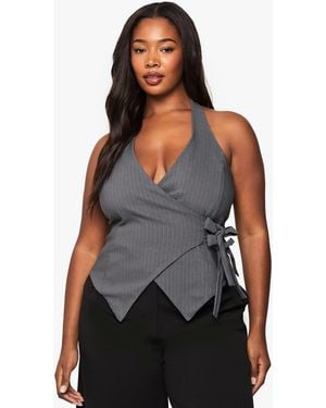 Boohoo Plus Pinstripe Tie Detail Waistcoat - Black