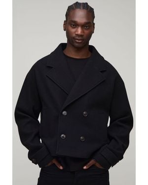 BoohooMAN Tall Double Breasted Cropped Melton Overcoat - Blue