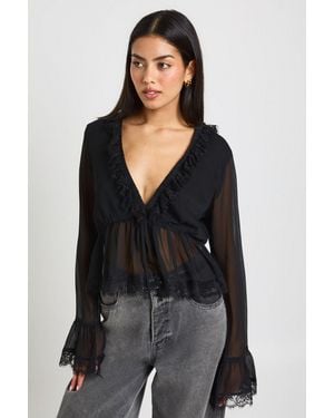 Boohoo Lace Trim Chiffon Ruffle Blouse - Black