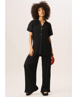 Gini London Plisse Short Sleeve Oversized Shirt - Black