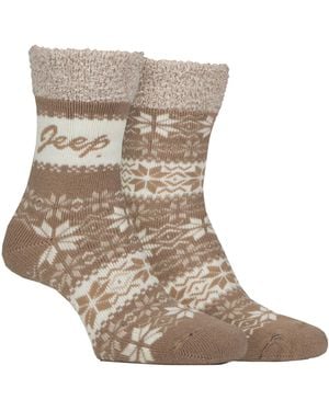 Jeep 2 Pairs Ladies Thermal Patterned Fairisle Socks Warm Winter - Brown