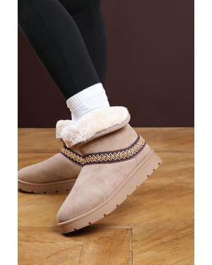 Where's That From Wheres 'Flora' Suede Flat Slippers With Embroidered Trim Detail - Brown
