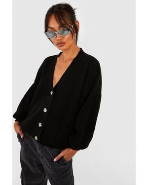 Boohoo Balloon Sleeve Button Through Rib Cardigan - Black